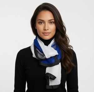 Designer Blue Black White Blocks Framed Silk Scarf 72"x28" Neckerchief Wrap VG